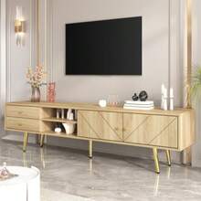 160 Cm TV Cabinet With Golden Legs, Two Drawers And Doors With A Unique Design - Beige - View 4
