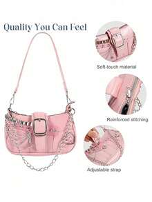 Y2K Star &Y2K Fashionable Multi-Functional Star & Moon Design Unique Pink Chain Decor Crossbody Bag, Ladies Baguette Bag, Niche Design, Steampunk, Gothic, Ladies Bag, Cool Girl Streetwear, Music Festival, Party, Ladies Rock Style Bag Suitable For Girls'' Street Style, Celebrity Same Style Printed Female Shoulder Bag, Y2k Bag, Gothic Punk Bag For Women, 2000s Fashion Style Bag For Women,Christmas Outfit,,Christmas Campus,,Holiday Travel,Christmas Party - 彩色 - 查看 4