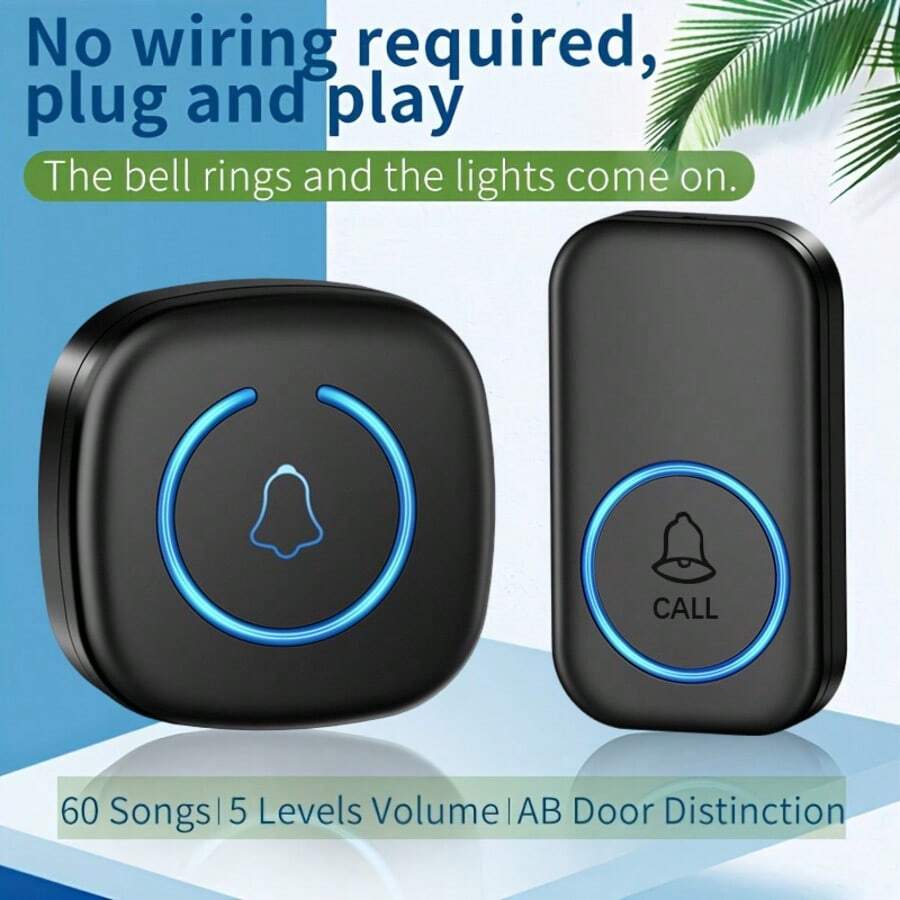 1 Set Wireless Doorbell With 60 Ringtones, LED Flashing Light, Classic Button And Receiver Kit, EU Plug, Easy To Install And Use