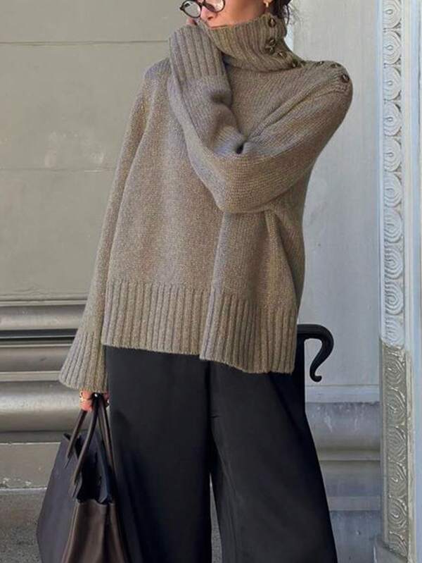 Blusas de unicolor para mujer, suéteres de manga larga con cuello vuelto, cuellos asimétricos con botones, ropa casual para la calle, populares en otoño e invierno, versátiles para todas las ocasiones, ropa de abrigo para mujer, atuendos de trabajo para mujer, atuendo de Acción de Gracias para mujer, suéter de Navidad.