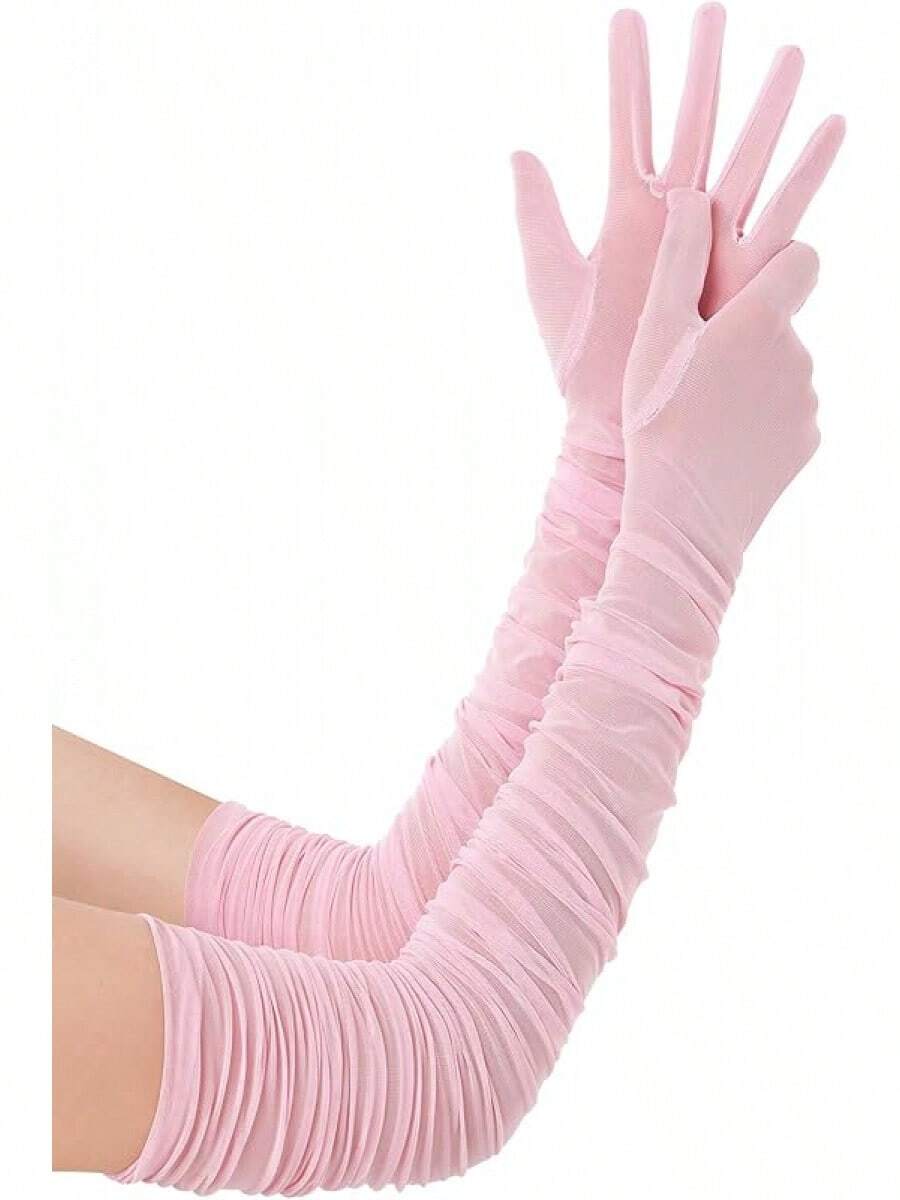 Long Mesh Gloves For Women, Stretchy Tulle Opera Party Gloves, Elegant Wedding Costume Accessory - Màu Hồng baby - Xem 1