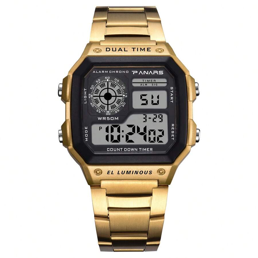 Men's Luxury Retro Alloy Watch LED Digital Sports Watch Waterproof Military Tactical Luminous Watch Backlight Wrist Watch - 黃色 - 查看 1