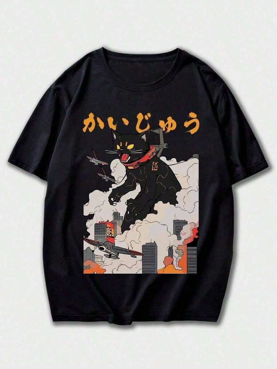 ROMWE MEN Anime Men Japanese Letter & Figure Graphic Tee, School Tee - 黑色 - 查看 1
