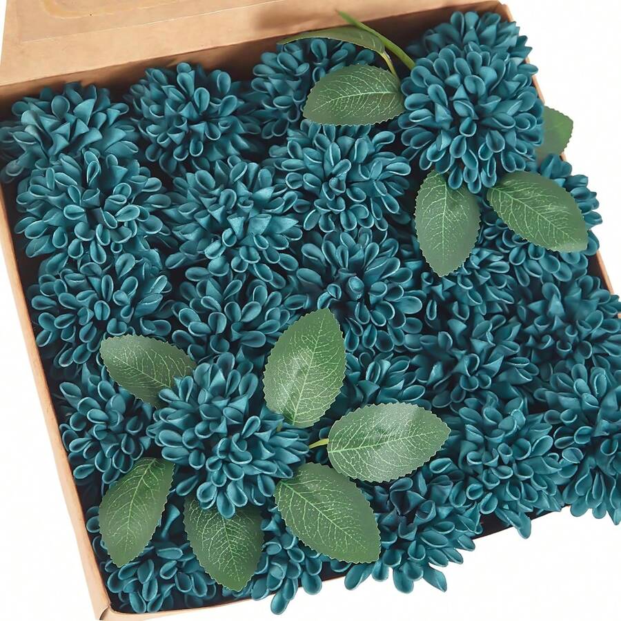 25pcs Blue-Green Artificial Dahlia Flowers For Holiday Celebration, Birthday Party, Graduation Ceremony, Wedding, Large Gathering, Valentine's Day, Thanksgiving - Dark Teal - View 1