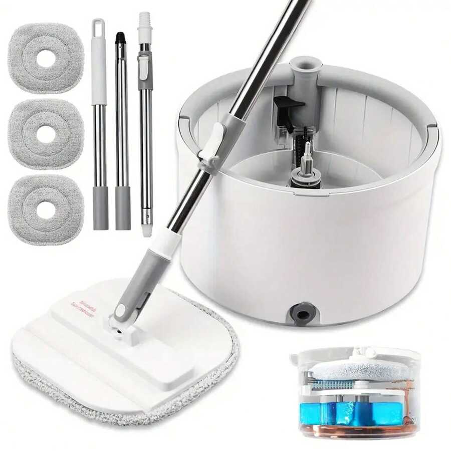 Spin Mop & Bucket Cleaning System - Dual Compartments (Clean/Dirty Water Separation) + Filtered Water + Auto Wrap, 360° Swivel Mop Head + Stainless Steel Handle + Built-In Scrubbing Brush, 3 Re-Washable Microfibre Mopping Pads For Hardwood Floors, Tiles, Marble & Laminate Wood Floors - trắng - Xem 1