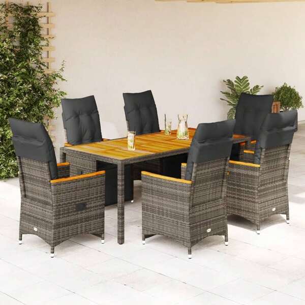 vidaXL 7-Piece Bistro Set With Cushions Poly Rattan Gray