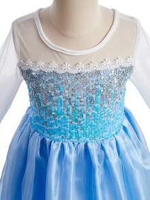 6pcs/Set Girls' Light Blue Long Sleeve Sequin Floral Print Dress With Accessories, Children's Costume Dress Set For Christmas, Carnival Party - Light Blue - View 6