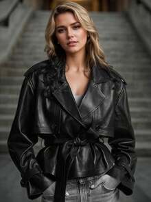 Women's Leather Jacket Belt Waist Cinching Slim Fit Fashion New Short Jacket Leather Jacket - 黑色 - 查看 1