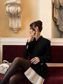 Elegant Fitted Long Sleeve Blazer Dress With Peak Lapels And Pleated Hem Perfect For Party And Casual Wear - 黑色 - 查看 3