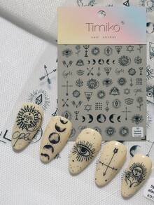 Pegatinas de uñas de alta gama con tecnología láser de relieve, en estilo gótico punk, con varios tótems de estrellas y lunas, estrellas de cuatro puntas, patrones de ojos y otros patrones de textura, adecuadas para uso personal DIY y para maestros de manicura. Suministros para uñas, pegatinas para uñas - Negro - Ver 1