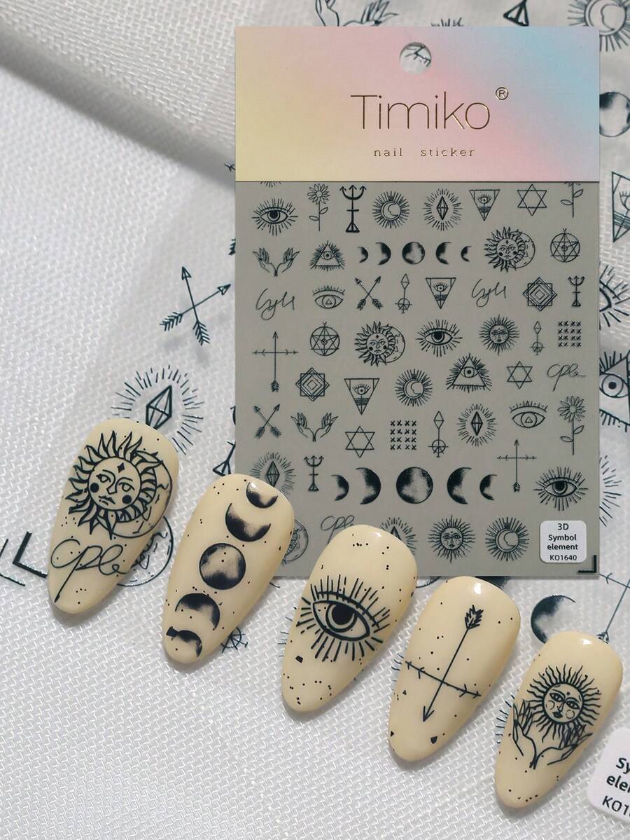 Pegatinas de uñas de alta gama con tecnología láser de relieve, en estilo gótico punk, con varios tótems de estrellas y lunas, estrellas de cuatro puntas, patrones de ojos y otros patrones de textura, adecuadas para uso personal DIY y para maestros de manicura. Suministros para uñas, pegatinas para uñas - Negro - Ver 1