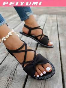 PEIYUMI Women's Fashion Sandals, Elegant Bow And Criss-Cross Strap Design, Comfortable And Versatile, Suitable For Various Occasions, Multiple Color Options - Black - View 3