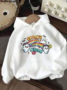 KID003|sudadera para niña|Sudadera con capucha Otoño/Invierno 2025|Sudadera estampada elegante para edades de 4 a 15 años|Cómodo y cálido|Enviado desde México|Temporada de regreso a clases|Halloween|Día de los Muertos|Para uso diario y regreso a clasesSudadera infantil blanca con diseños atractivos de fantasmas, arcoíris y frases "SPOOKY SEASON", perfecta para los fans de temas espookys y estilos juveniles - Blanco - Ver 1