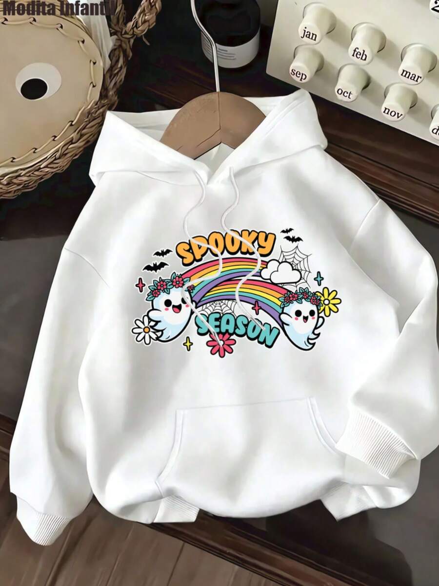 KID003|sudadera para niña|Sudadera con capucha Otoño/Invierno 2025|Sudadera estampada elegante para edades de 4 a 15 años|Cómodo y cálido|Enviado desde México|Temporada de regreso a clases|Halloween|Día de los Muertos|Para uso diario y regreso a clasesSudadera infantil blanca con diseños atractivos de fantasmas, arcoíris y frases "SPOOKY SEASON", perfecta para los fans de temas espookys y estilos juveniles - Blanco - Ver 1
