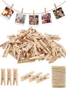 10/50pcs 2.54cm Natural Wooden Mini Clothespins With Rope, Mini Clothes Pegs For Photos, Crafts, Artworks, Cocktails(Without A Rope) - Wood Color - View 1