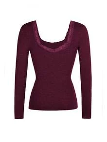 GAOVOT 女士 T 恤 Y2K 春夏性感休闲纯色蕾丝方领针织长袖上衣 - 紫紅色 - 查看 10