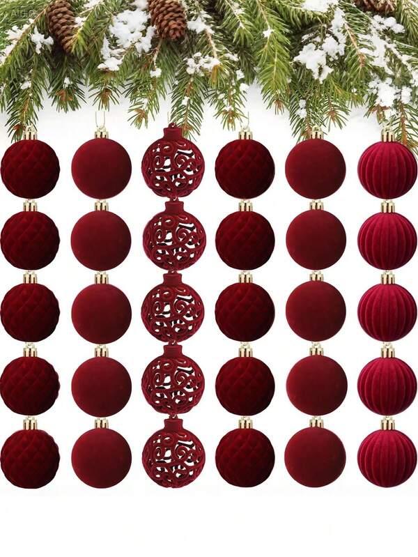12 pezzi set di palline di ornamenti in velluto per albero di Natale, palline di Natale rosse con effetto vellutato per decorazione albero di Natale e festività