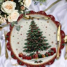 1/4 piezas Manteles individuales redondos de lino, con estampado de árbol de Navidad, copos de nieve, regalos, adecuados para decoración de cocina y comedor