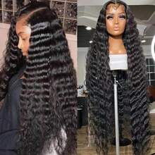 34 Inch Deep Wave Lace Front Wigs Human Hair 13x6 HD Lace Front Wigs Pre Plucked Brazilian Curly Human Hair Wig 250 Density Glueless Frontal Wigs For  Women - Natural Black - 查看 4