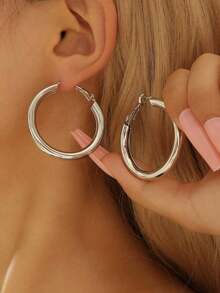 1pair Ladies' Gold-Color Circle Tube C Shape Hoop Earrings - Vàng - Xem 5