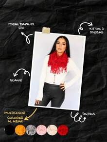 Set de 3 bufandas elegantes y casuales para mujer, multicolor, tela tipo tejido de poliéster, con pequeños y elegantes flecos en toda la bufanda. Textura suave y agradable. Ideales para temporadas de otoño e invierno. Te llegarán 3 bufandas en colores al azar. - Multicolor - Ver 3