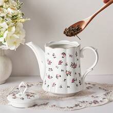 MBB 1 Juego de tetera de cerámica grande con infusor de acero inoxidable, tetera de estilo europeo hecha a mano de cerámica, juego de té vintage para regalo, tetera de 1000 ml (33.5 oz) - Tetera de cerámica premium con infusor para té floreciente y suelto - Tetera de cerámica con decoración de rosas, tetera blanca con decoración de rosas, tetera de 33.5 onzas con tapa, tetera clásica para servir té y café, hecha de nueva porcelana de hueso, apta para lavavajillas, tetera con hojas