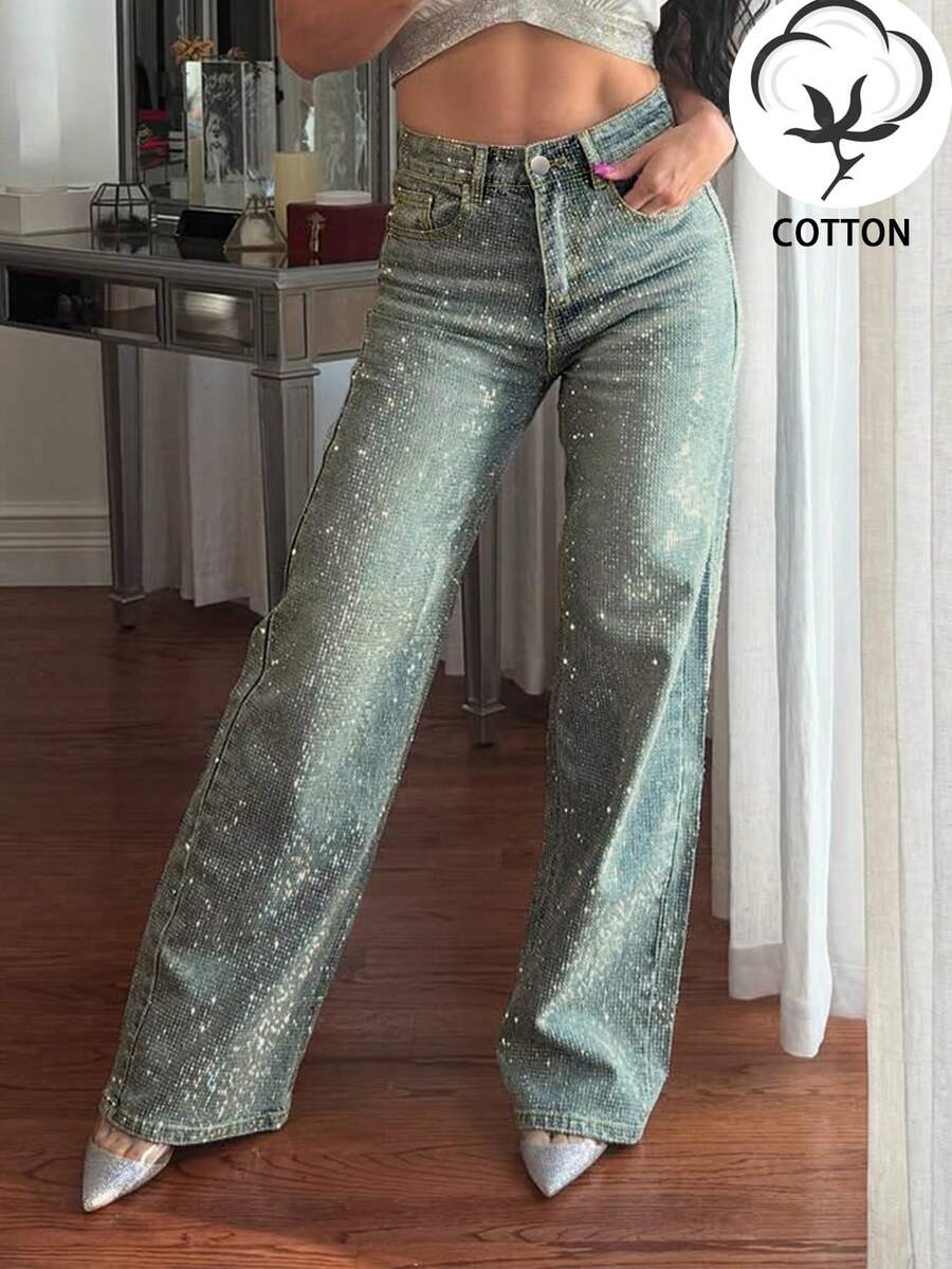 2025 New Fashion European And American Women's Loose Straight Leg Rhinestone Embellished Denim Maxi Pants Casual Spring - Light Wash - View 1