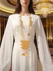 1pc Gold-Plated Turkish Kurdish Bridal Shoulder Chain, Arabic Coin Totem Long Necklace, Wedding Festival Women Jewelry - Gold - View 1