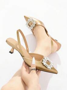 女士水钻装饰纯色尖头后系带猫跟露跟高跟鞋，时尚舒适，适合优雅派对、宴会、晚礼服、秋冬季节穿着，金色高跟鞋搭配商务装束，优雅迷人。 - 金色 - 查看 2