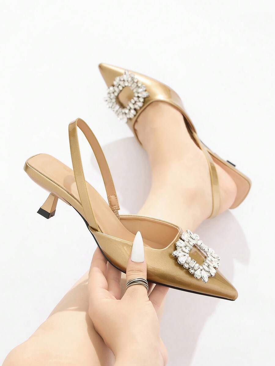 女士水钻装饰纯色尖头后系带猫跟露跟高跟鞋，时尚舒适，适合优雅派对、宴会、晚礼服、秋冬季节穿着，金色高跟鞋搭配商务装束，优雅迷人。