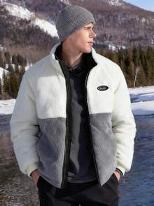 男士夹克，男士冬季保暖抓绒夹克，双面休闲羽绒服，拉链立领设计夹克 - 黑色 - 查看 8