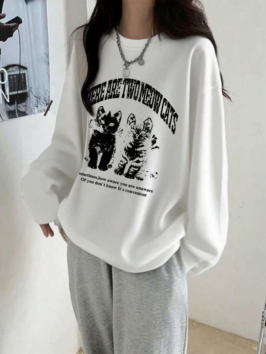 女款寬鬆版型字母與貓咪印花長袖T恤,春秋兩季百搭 - 白色 - 查看 1