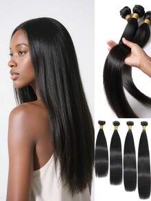 1pc Best-Selling Straight Hair Extension! Heat-Resistant Straight Sew-In Hair Extension, #1B Matte Color, 12-28 Inches, Hand-Woven, Suitable For Women DIY Hairstyles - Black - View 4