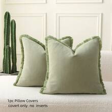 1pc Green Herringbone Pattern Tasseled Pillow Cover, Soft & Comfortable For Sofa, Bedroom, Home Decor, Farmhouse/Modern Style