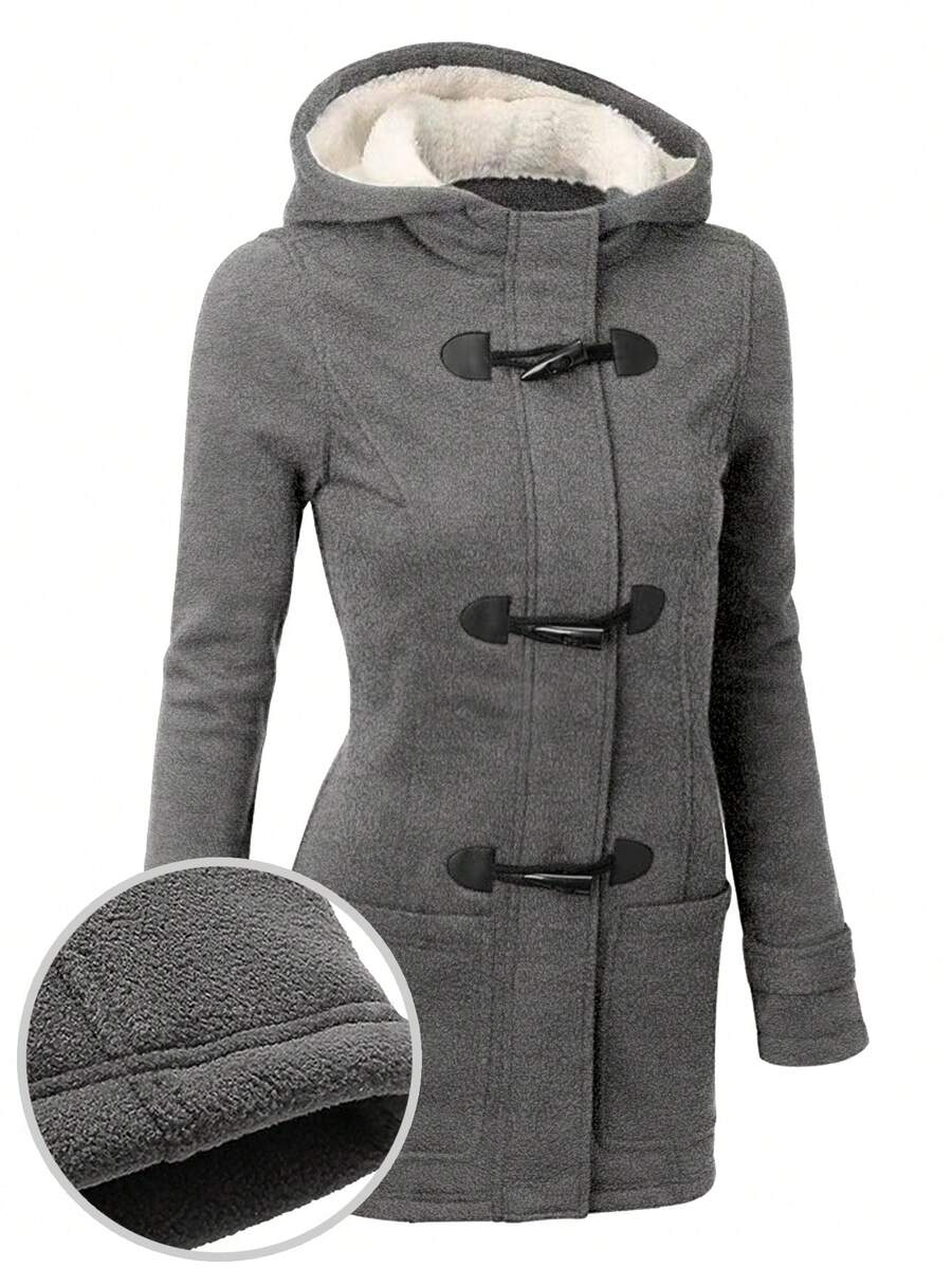 Winter Coat With Horn Button Thermal Lined Hooded Jacket