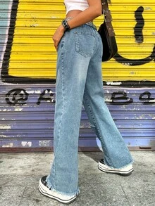 Pantalones rectos de mezclilla con cintura semielástica, parches y bordados, de estilo casual para mujer