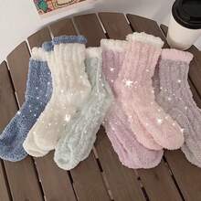 8 Pairs Women's Winter Thermal Fleece Socks - Soft Plush Coral Fleece, Ribbed Cuff & Embellished Details, Pastel Colors, Machine Washable Cozy Indoor/Outdoor Winter Socks, Fluffy Socks, Comfortable Clothing, Ribbed Sock Design, Soft Texture - Multicolor - View 2