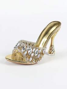 大码女式尖头菠萝形金属高跟鞋,时尚舒适,水钻装饰高跟凉鞋适合日常穿着、购物、派对、婚礼 - 金色 - 查看 12