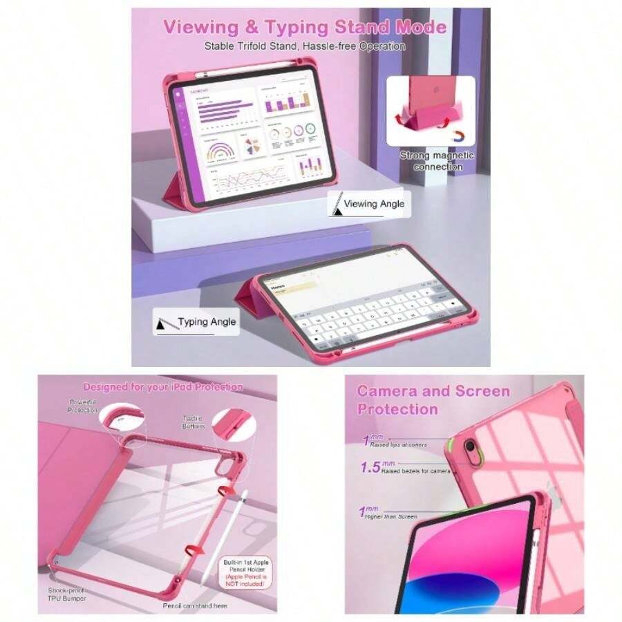 11th Generation 11 - Inch A16 2025, 10.9'' 10th Gen 2022, Slim Lightweight 1110 Th Gen Protective Cover With Trifold Stand, Auto WakeSleep, PC Back, Pink - Pink - View 1
