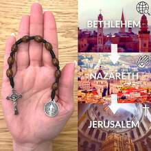 Rosario de Bolsillo, Hecho a Mano y Bendecido en la Tierra Santa, Cuentas de Oración con Medalla de y Cruz/Crucifijo, Bolsa para Regalo y Certificado de Autenticidad - San Benito, 9 abalorio, madera café oscuro, cadena de coronilla - Ver 3