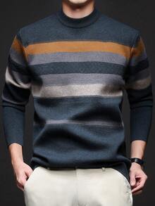 男士厚款 V 领提花毛衣，休闲商务通勤长袖套头衫，适合分层穿着或外套，秋冬 - 青碧色 - 查看 1