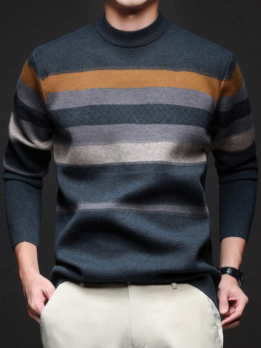 男士厚款 V 领提花毛衣，休闲商务通勤长袖套头衫，适合分层穿着或外套，秋冬 - 青碧色 - 查看 1