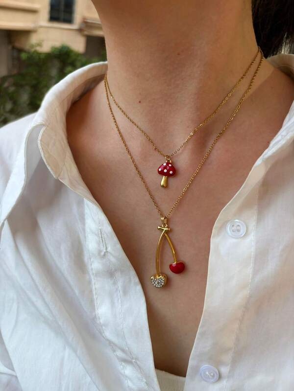 1pc Cute Enamel Mushroom & Cherry Pendant Necklace, Stainless Steel Jewelry For Women