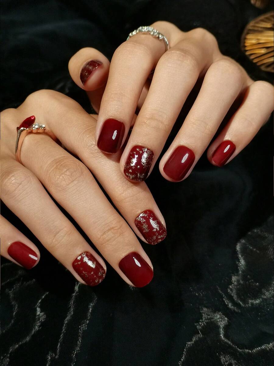 24pcs Short Square Faux Nail Tips, Burgundy Gold Floral Pattern Manicure Set, Includes Jelly Gel And Nail File, Suitable For Girls And Women To Wear On Holidays, Red Nails