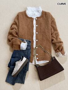 Pull élégant et décontracté pour l'automne et l'hiver, texture de fil peluché imitant le vison, confortable, avec boucle coquillage, col rond, manches longues, tricot, grande taille. Vêtements d'automne et d'hiver pour femmes, hauts d'automne, tenue de travail/bureau, décontracté chic