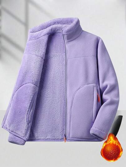 1 pieza Chaqueta de forro polar para mujer, chaqueta térmica forrada de doble cara cálida de coral para el invierno y esquí