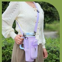 1 set de husă de 40 oz cu, compatibilă cu setul de accesorii pentru sticle de apă Stanley Sports, husă din neopren pentru sticlă cu curea de umăr reglabilă, geantă de depozitare dublă, portofel mobil pentru monede, pălării de paie, carabiniere, brelocuri și pandantive cu perle artificiale, potrivită pentru călătorii, accesorii pentru pahare de fitness în aer liber.