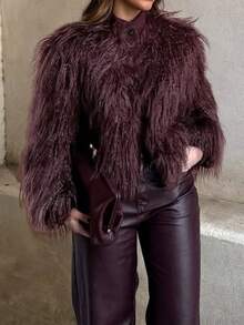 Wine Red Faux Fur Collar Button Long Sleeve Jacket, Fashionable For Autumn/Winter - Burgundy - View 2