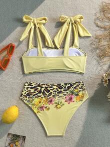 1 Set Women's Floral & Leopard Print Tie-Back Bikini Swimsuit, 2-Piece Separate Bathing Suit - Yellow - View 2