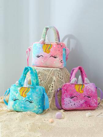 独角兽扎染效果软皮单肩包，彩色女孩单肩包，可爱儿童单肩收纳包（扎染位置和颜色未指定）
